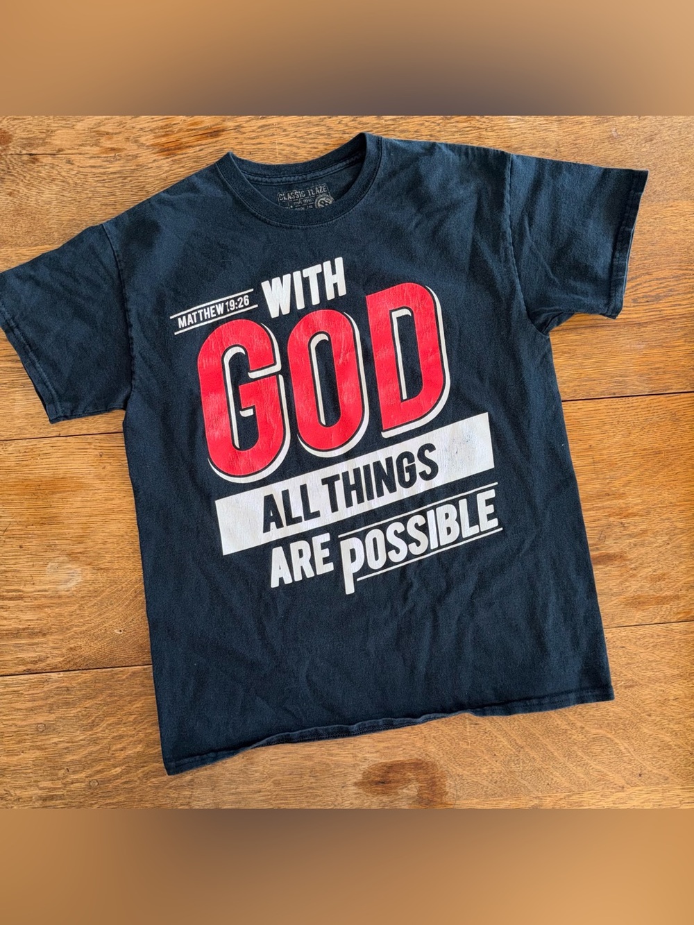 Classic Black Tee with Red and White 'With God All Things Are Possible'